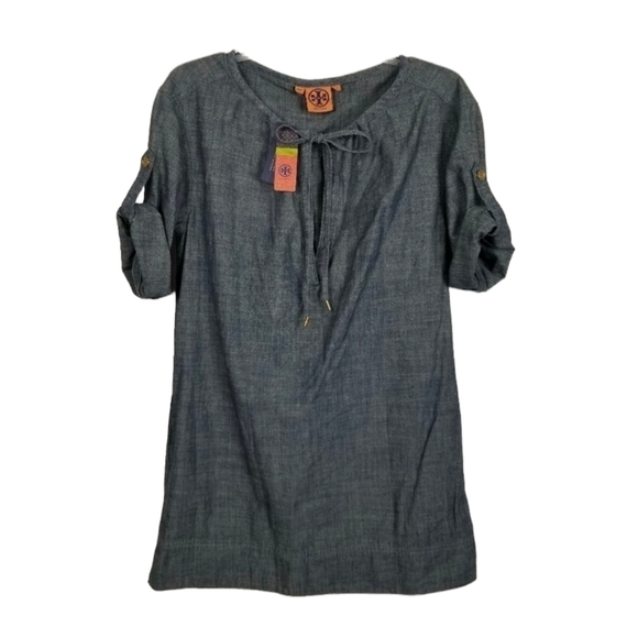 Tory Burch NWT Lyot Chambray Tunic Dress Roll Tab Sleeve Pockets Split V Neck - Picture 1 of 11